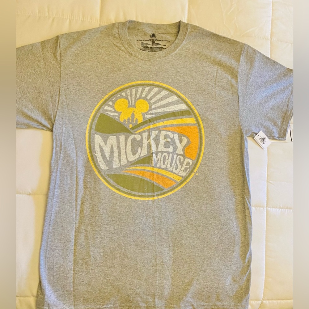 Disney Parks Mickey Mouse Graphic T-Shirt Grey 70s Sunrise Scene Unisex NWT